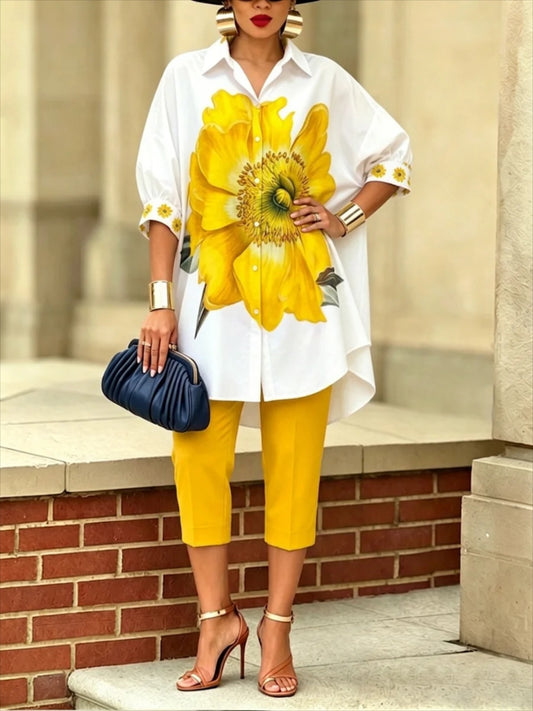 Vintage Color Block Floral Two-Piece Set – Women's Oversized Summer Shirt & Red Cropped Pants
