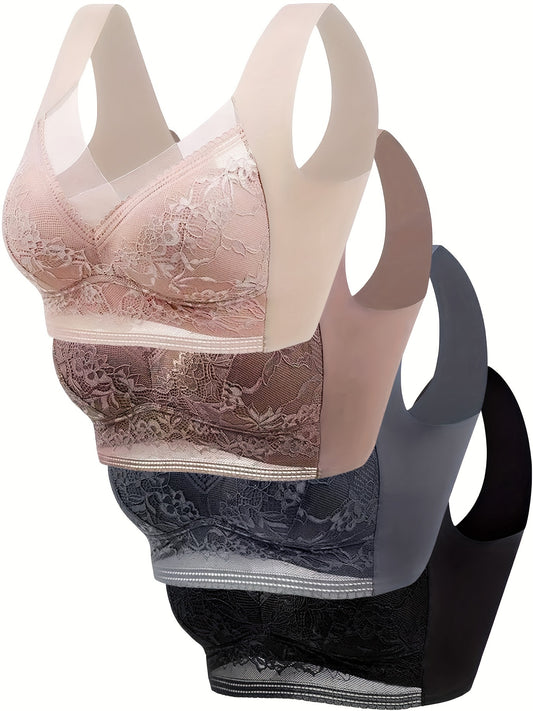 4pcs Simple Solid Contrast Lace Wireless Bra Set