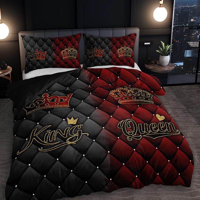 2/3pcs Luxury Dark Red & Gold Crown Duvet Cover Set – King & Queen Design