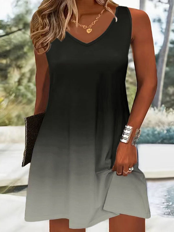 Printed Fashion Casual Sleeveless V-neck Gradient Color Strap Dress