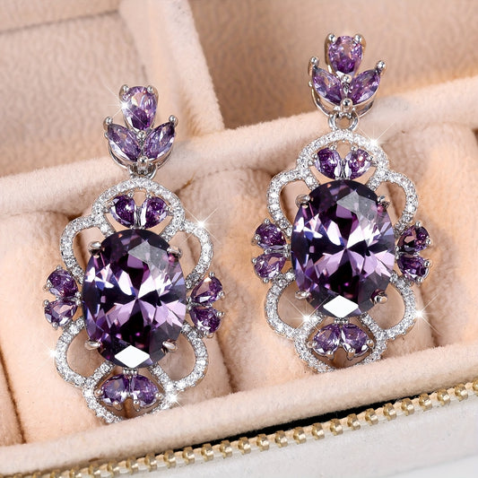 ANGOL Elegant Purple Zirconia Floral Halo Earrings – White Gold-Plated Luxury for Women