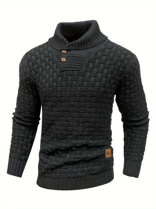 High Stretch Men’s Casual Sweater, Chic Mature Waffle Pattern Pullover