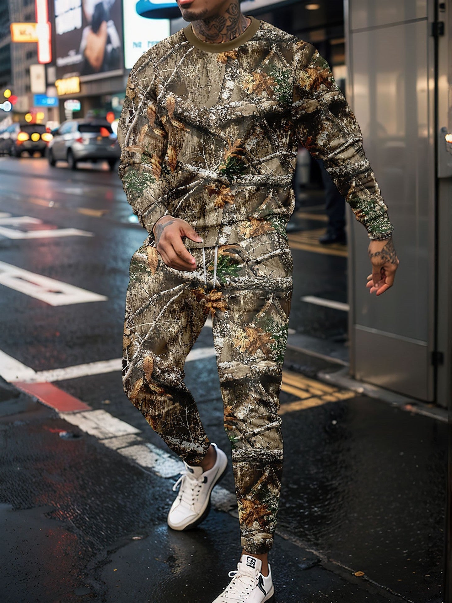 Round Neck Jungle Camouflage Sweater & Two-Piece Pants Set
