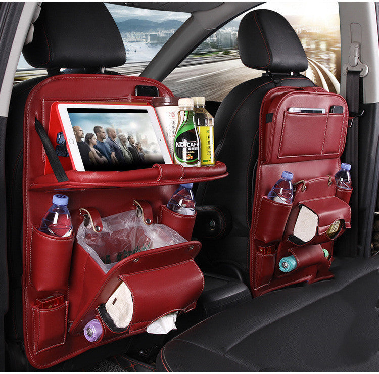 PU Leather Car Storage Bag – Multifunctional Seat Back Organizer with Foldable Tray