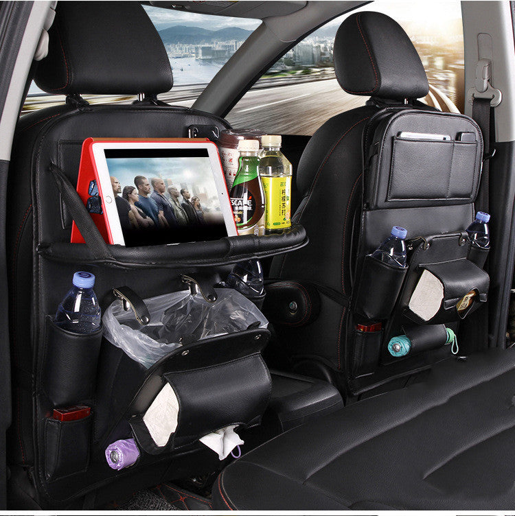 PU Leather Car Storage Bag – Multifunctional Seat Back Organizer with Foldable Tray
