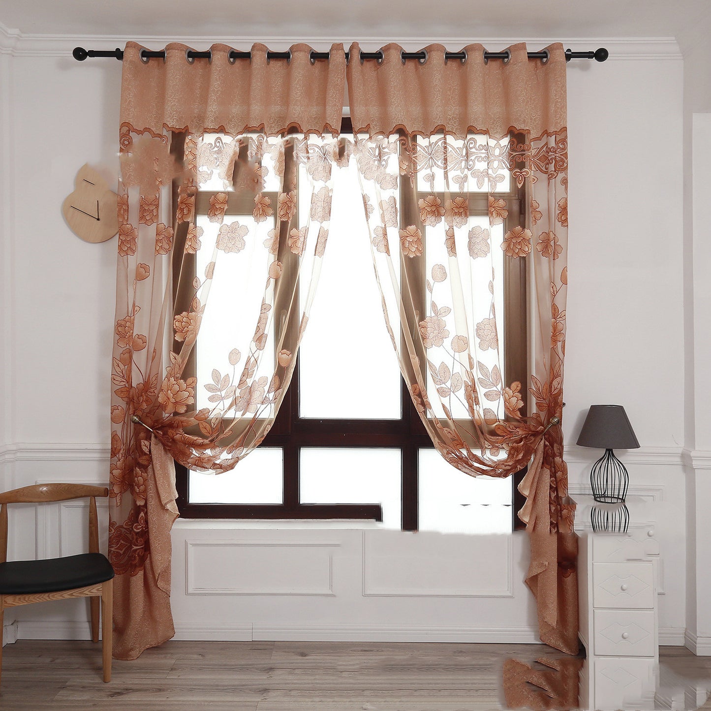 Modern Jacquard Burnt-Out Window Screen Curtain with Big Peony Floral Design