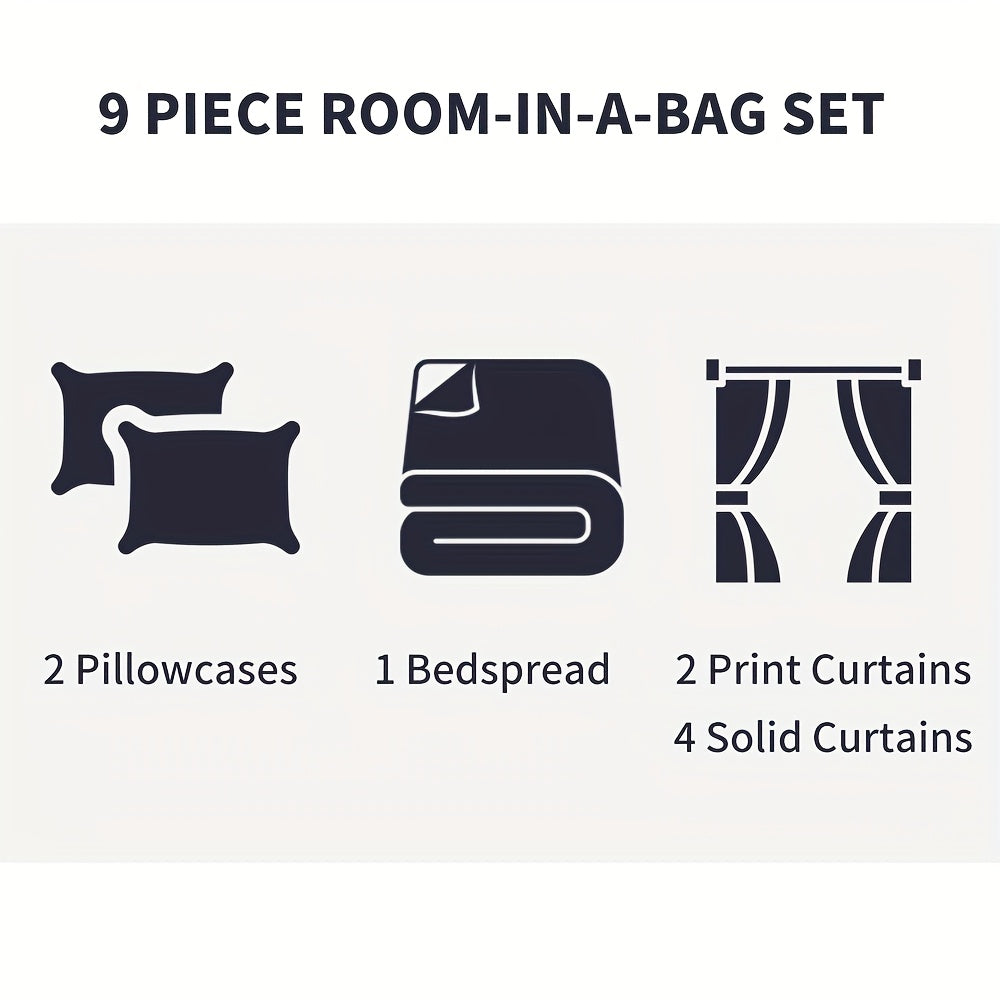 9-Piece Grey Bedding & Curtain Set – Includes Bed Cover, Pillowcases, Printed & Solid Curtains – Queen/King/Cal King Size