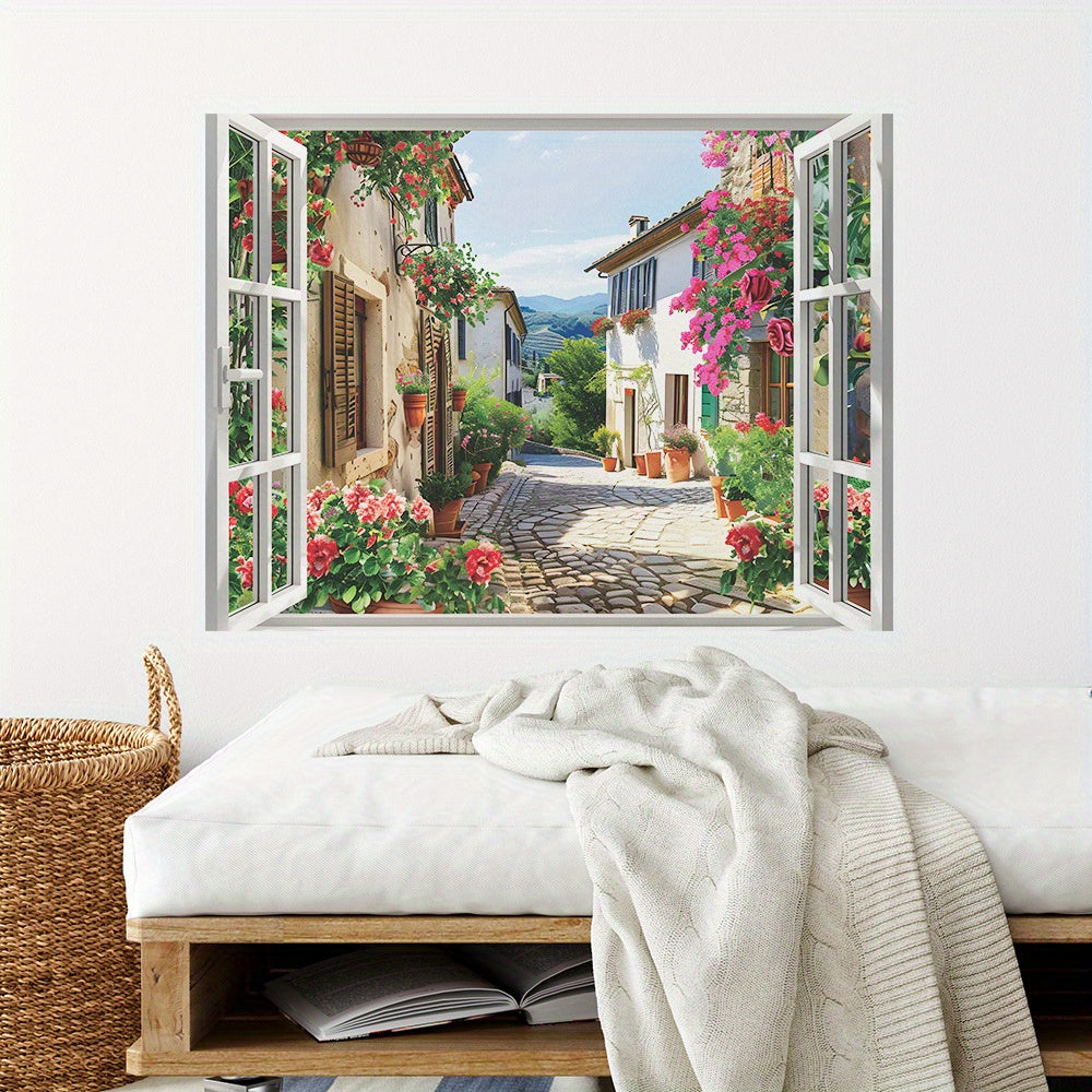 1pc Removable Village Street Scene Floral Wall Decal