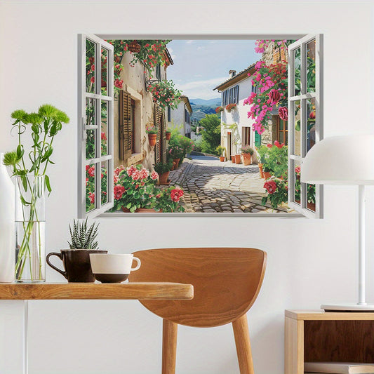 1pc Removable Village Street Scene Floral Wall Decal