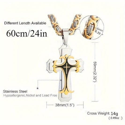Retro Gilt Men's Necklace – Multi-Layer Cross Pendant with Flat Handmade Chain