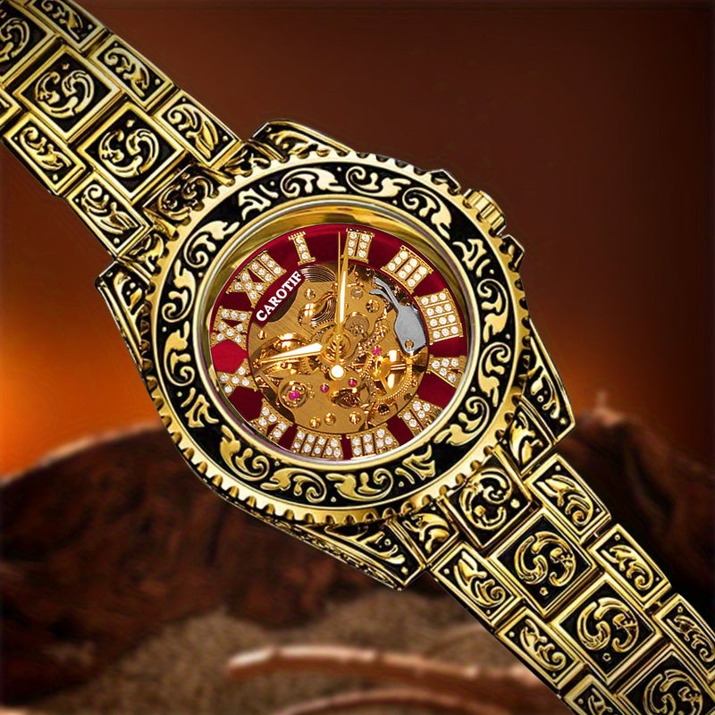 1pc Men's Red Steel Belt Retro Style Mechanical Watch – Luminous & Carved Design