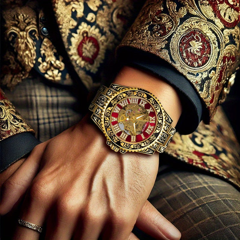 1pc Men's Red Steel Belt Retro Style Mechanical Watch – Luminous & Carved Design