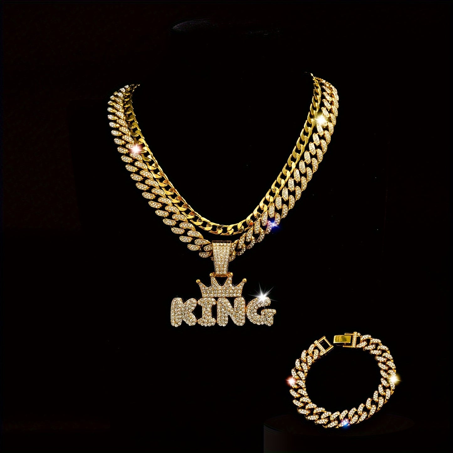 3pcs Miami Punk Hip-hop Crown Letter KING Pendant Cuban Chain Necklace Bracelet Inlaid, Unisex Neck Jewelry Gift
