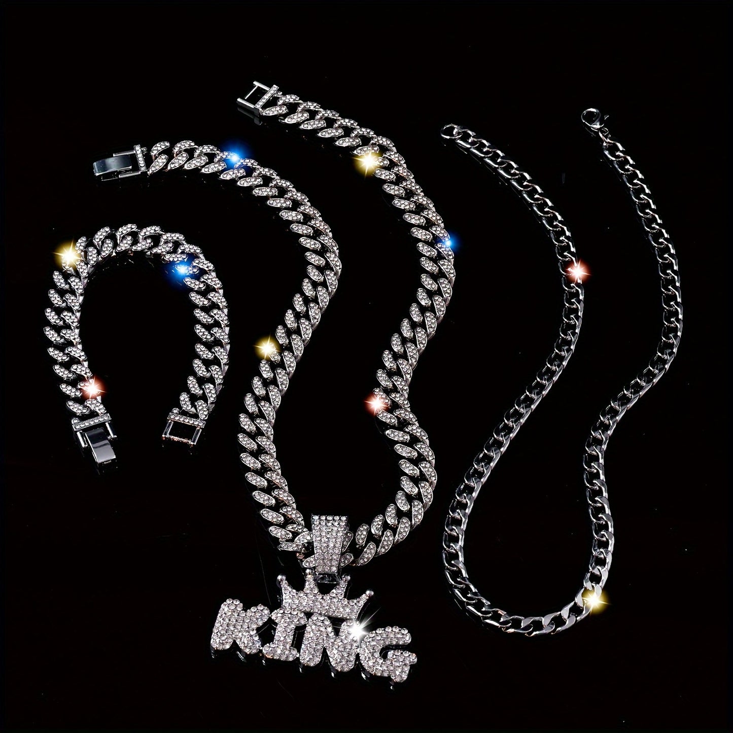 3pcs Miami Punk Hip-hop Crown Letter KING Pendant Cuban Chain Necklace Bracelet Inlaid, Unisex Neck Jewelry Gift