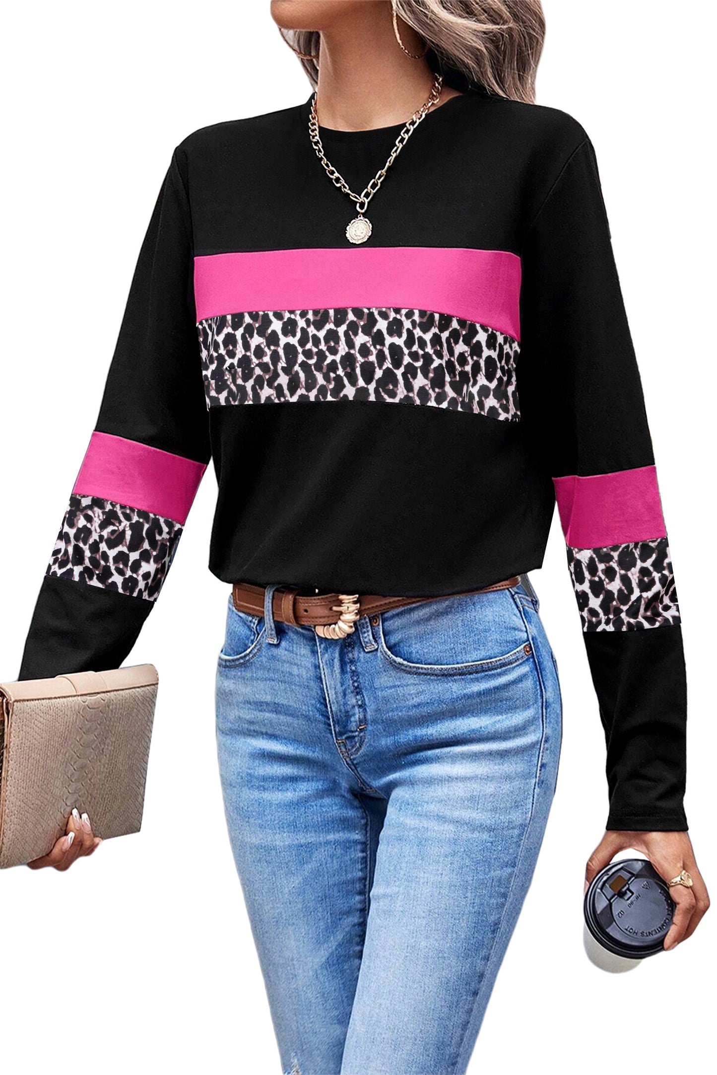 Rose Leopard Color block Patchwork Crew Neck Top