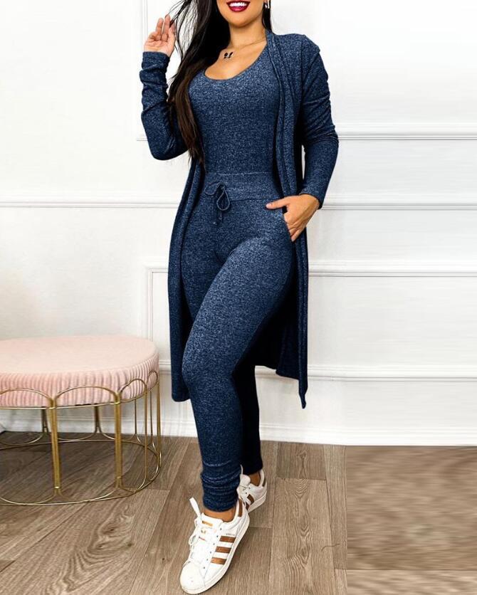Women's Casual 2-Piece Set – High-Waist Jumpsuit with Drawstring Pockets & Matching Cardigan Cover