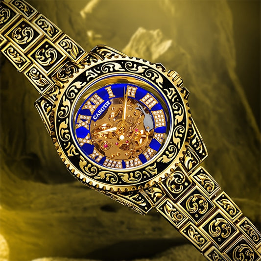 1pc Men's Red Steel Belt Retro Style Mechanical Watch – Luminous & Carved Design