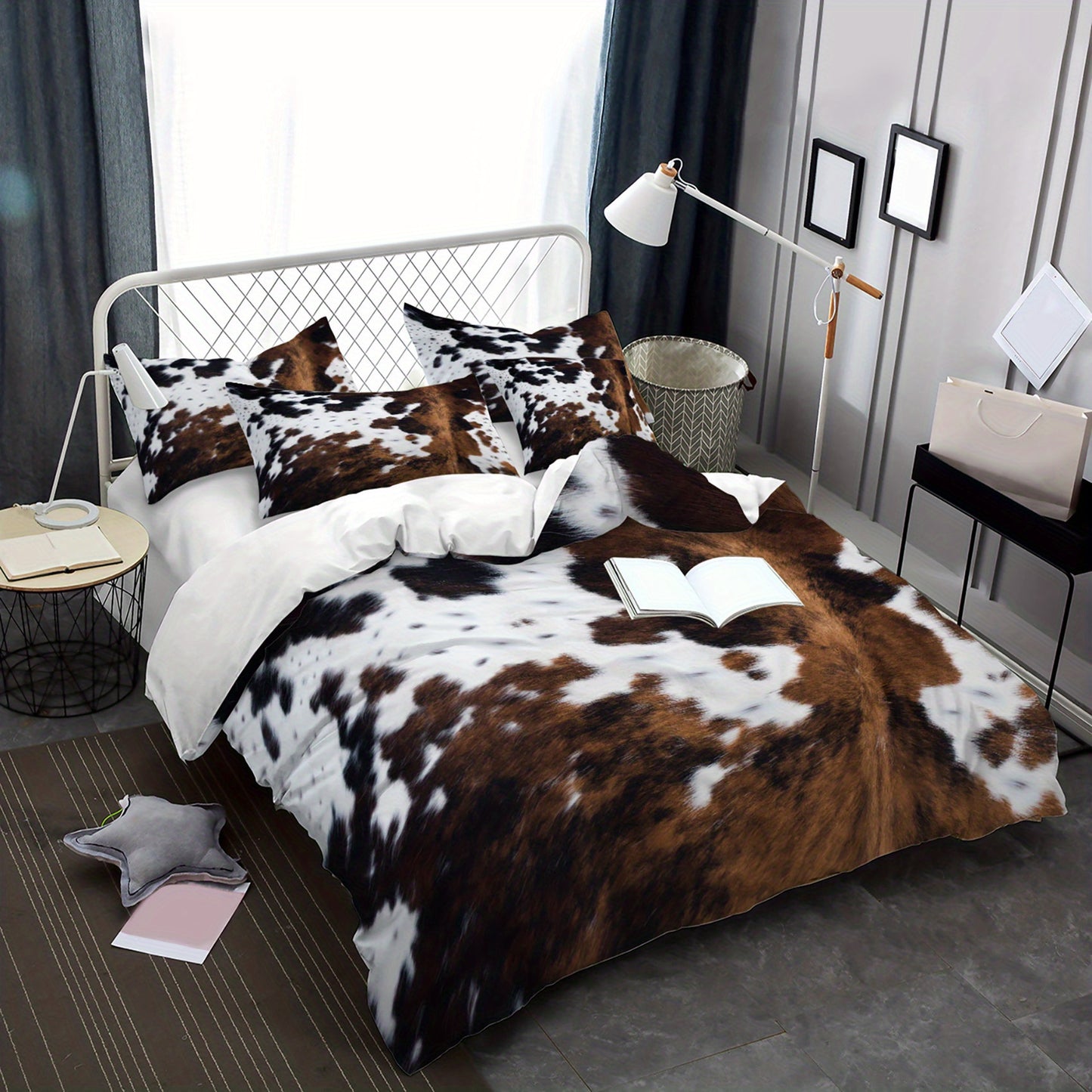 Brown and Black Cow Pattern Yak Leather Bedding Set