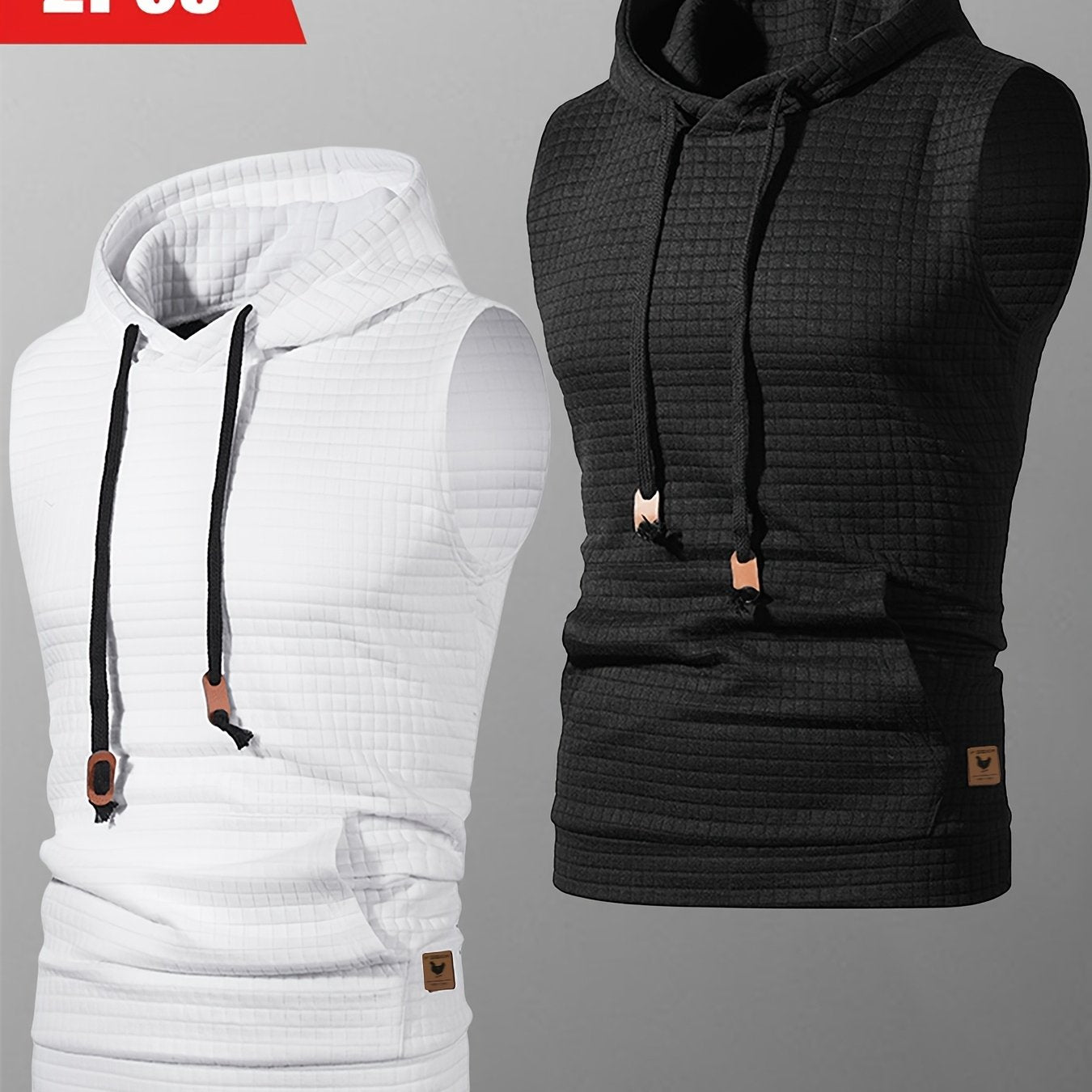 2pcs Casual Sleeveless Hooded Jacquard Tank Top