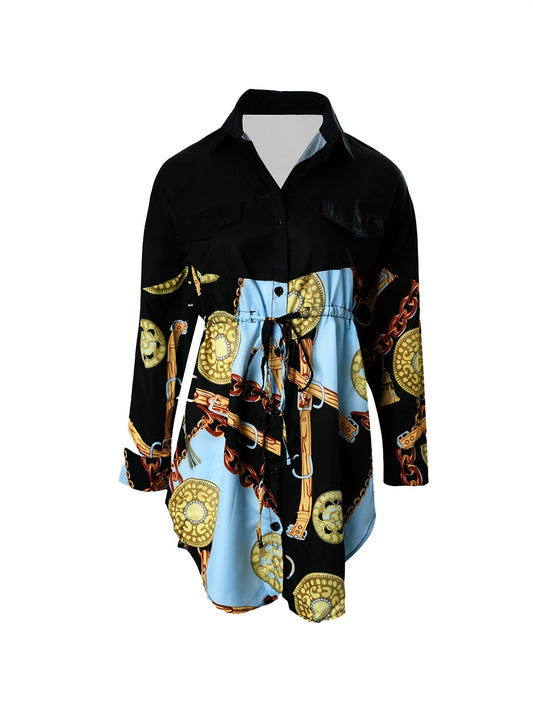 Plus Size Women’s Chic V-Neck Color block Baroque Print Shirt Dress