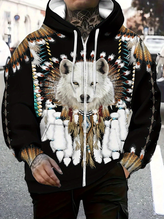 Men’s Full-Zip Hoodie – Wolf & Tribal Print