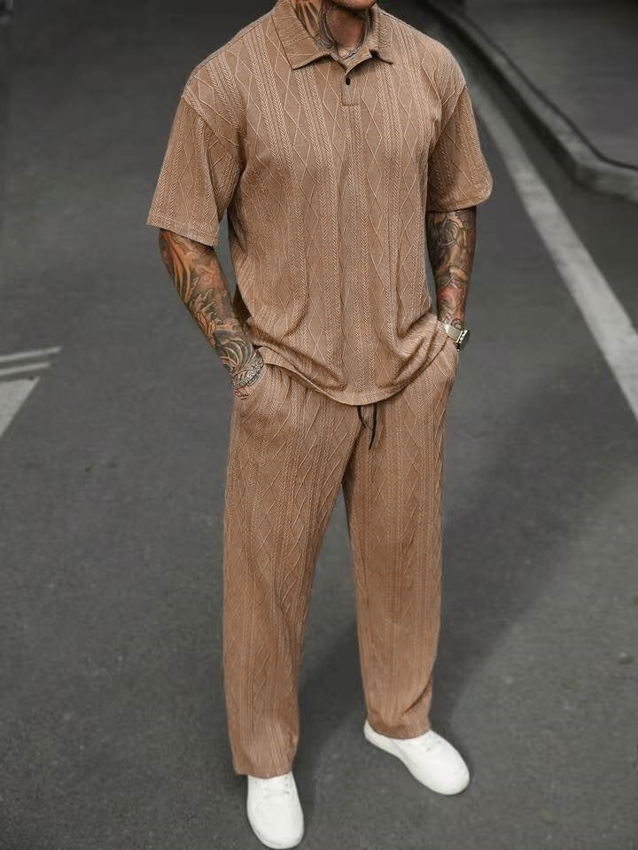 Men's Jacquard Texture Polo Shirt & Shorts Two-Piece Set