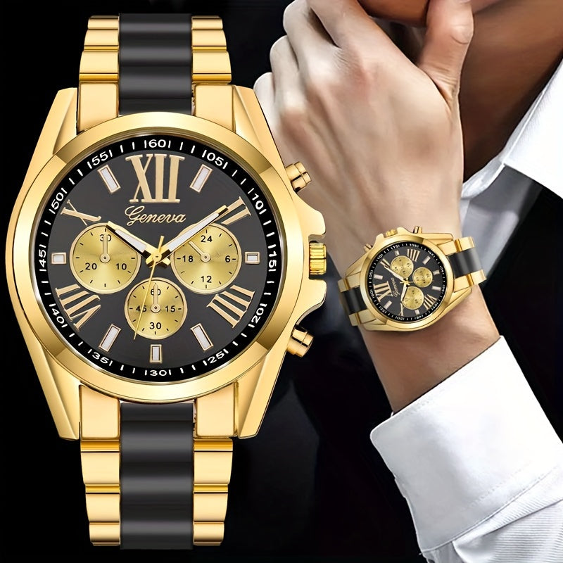 Elegant Men's Quartz Watch – Luxurious Golden-Tone with Large Roman Dial