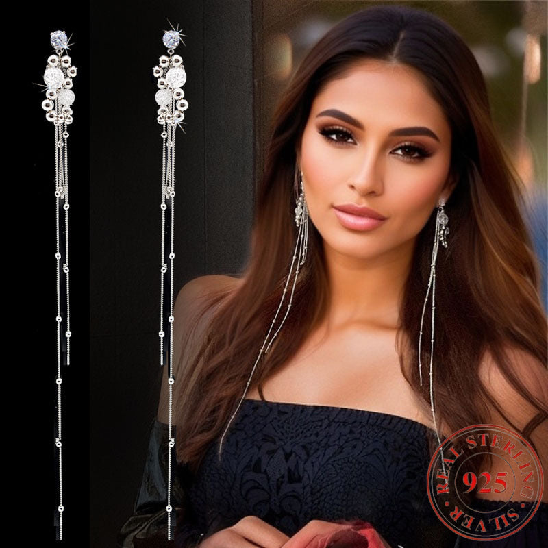 Luxury 925 Silver Elegant Long Tassel Earrings – 1 Pair