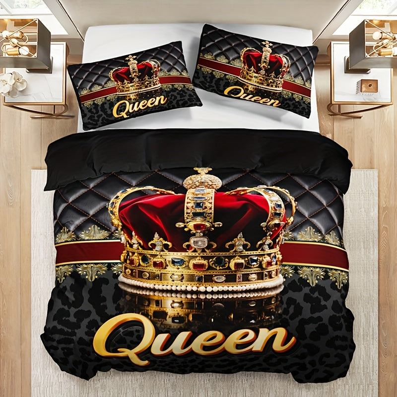 3pcs Crown Queen Leopard Print Quilt Cover Set