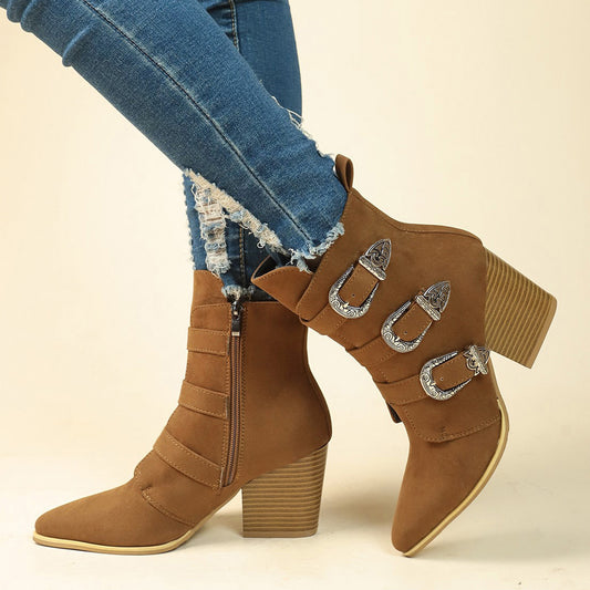 Chunky Heel Pointed Toe Boots with Belt Buckle