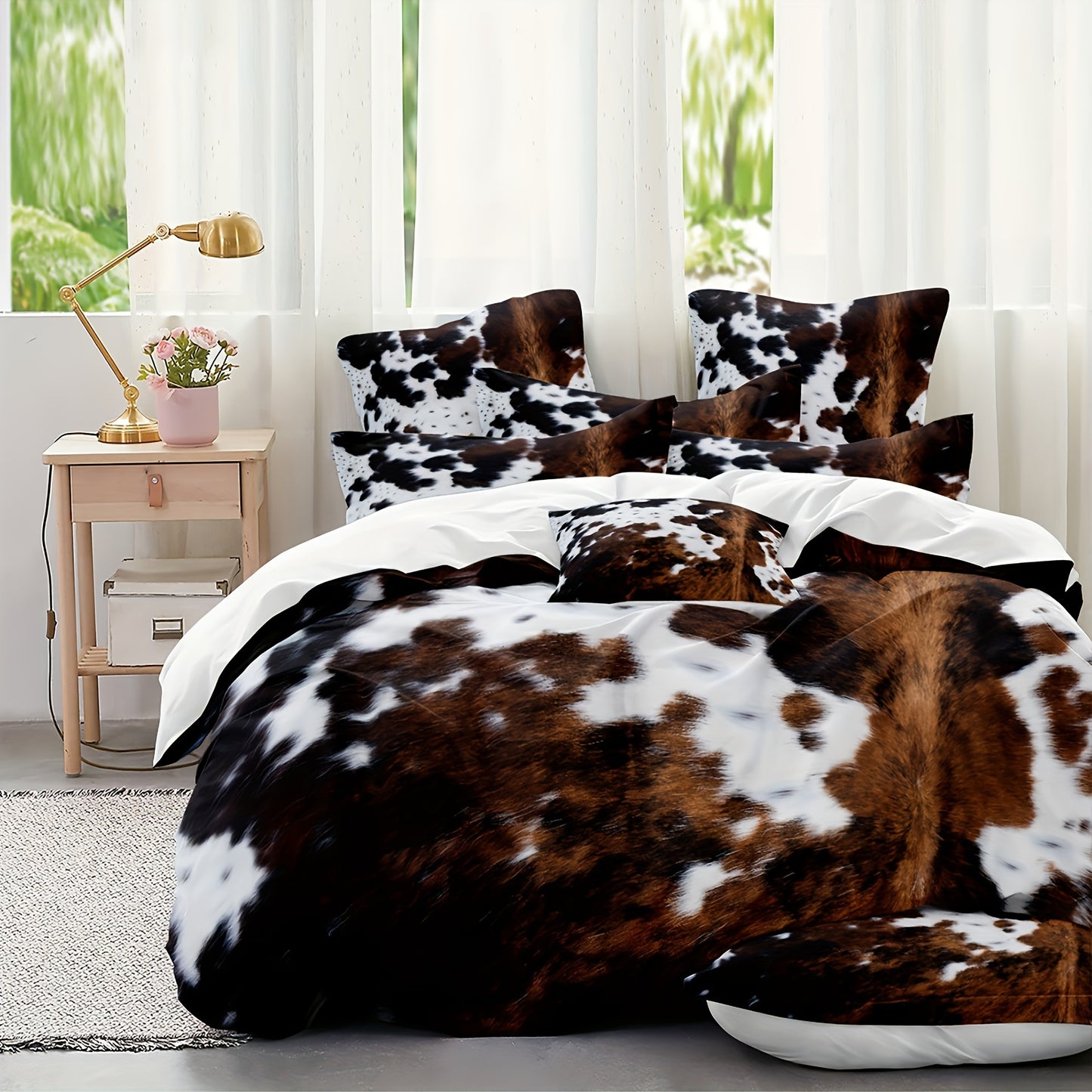 Brown and Black Cow Pattern Yak Leather Bedding Set