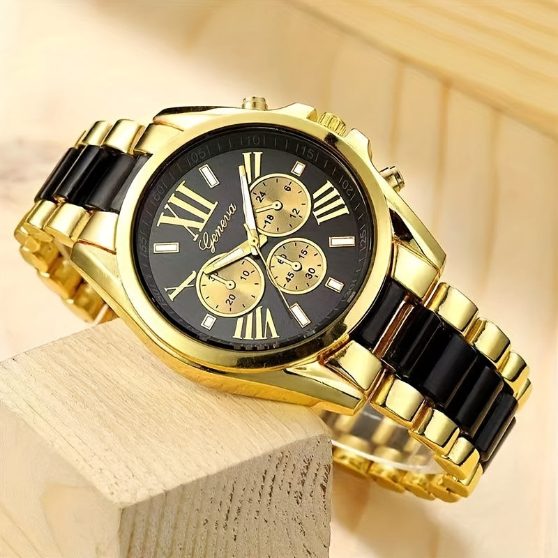 Elegant Men's Quartz Watch – Luxurious Golden-Tone with Large Roman Dial