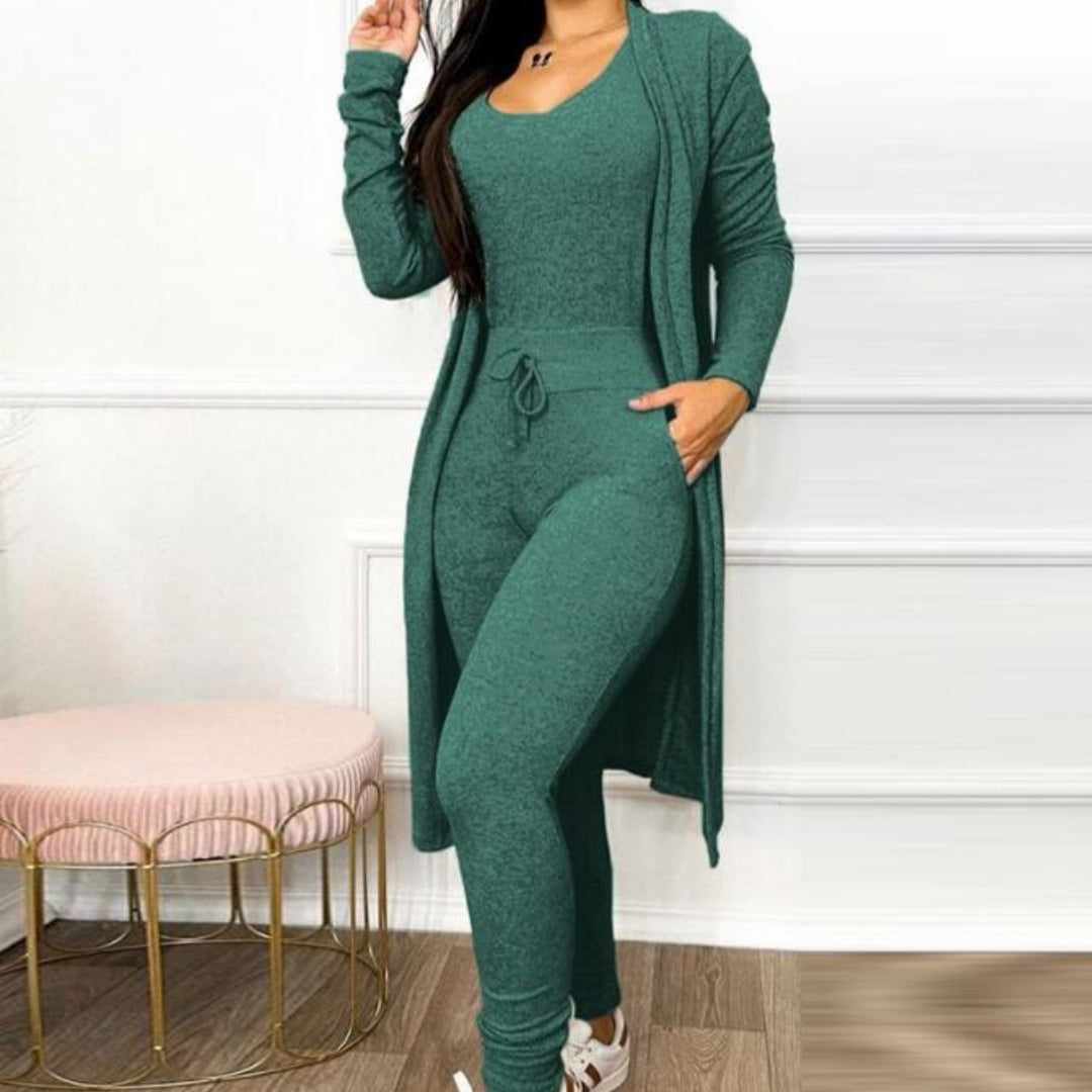 Women's Casual 2-Piece Set – High-Waist Jumpsuit with Drawstring Pockets & Matching Cardigan Cover