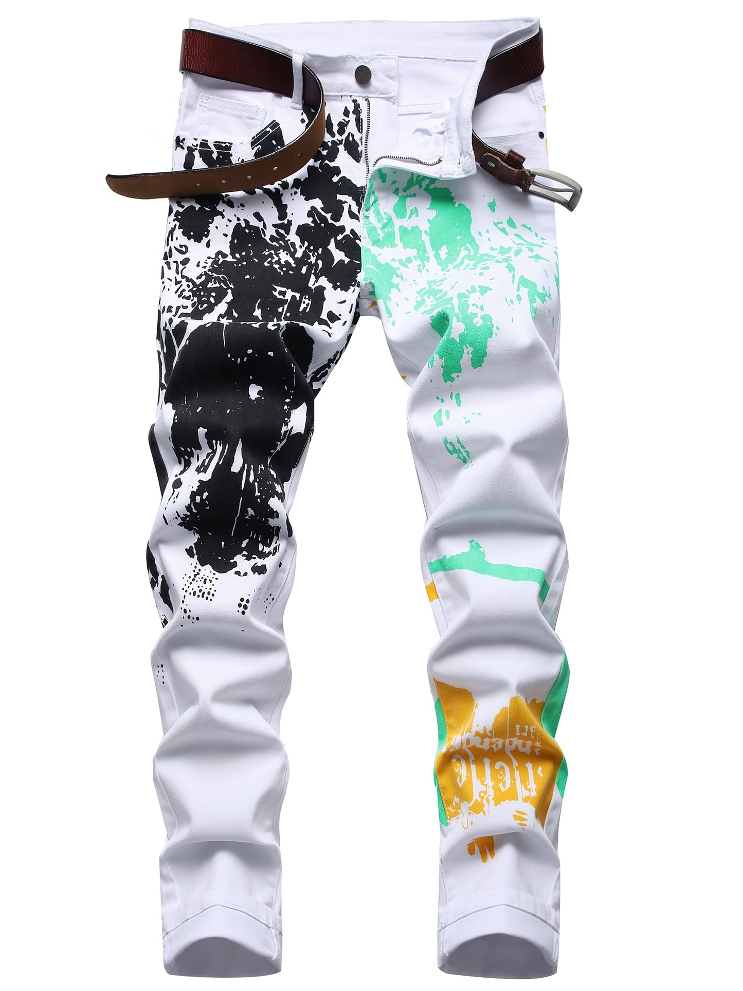 Men's Full-Body Printed White Denim Casual Pants