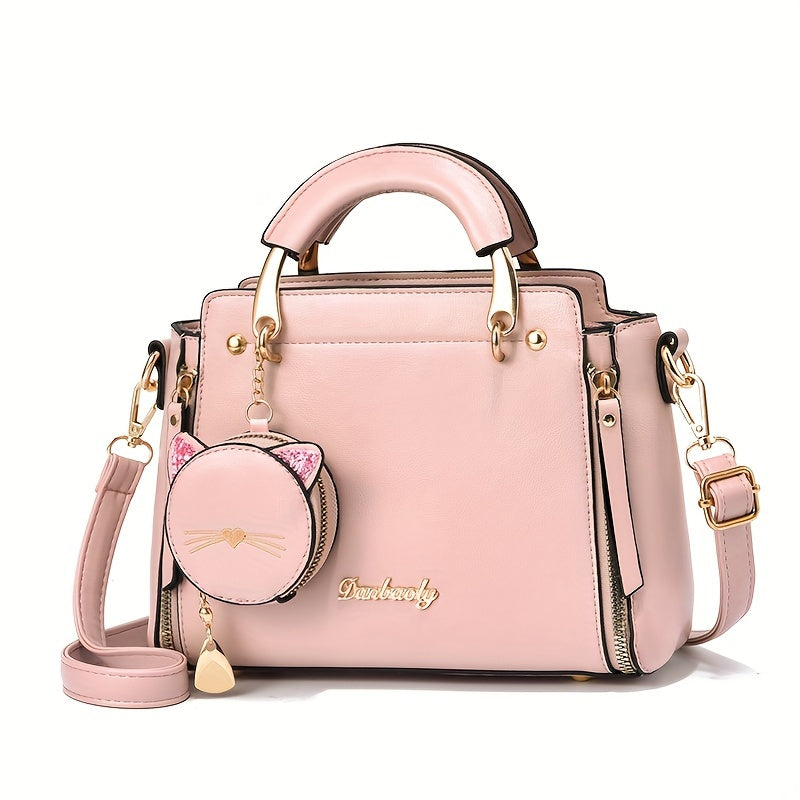 Top Handle Satchel Purses with Cute Kitten Pendant