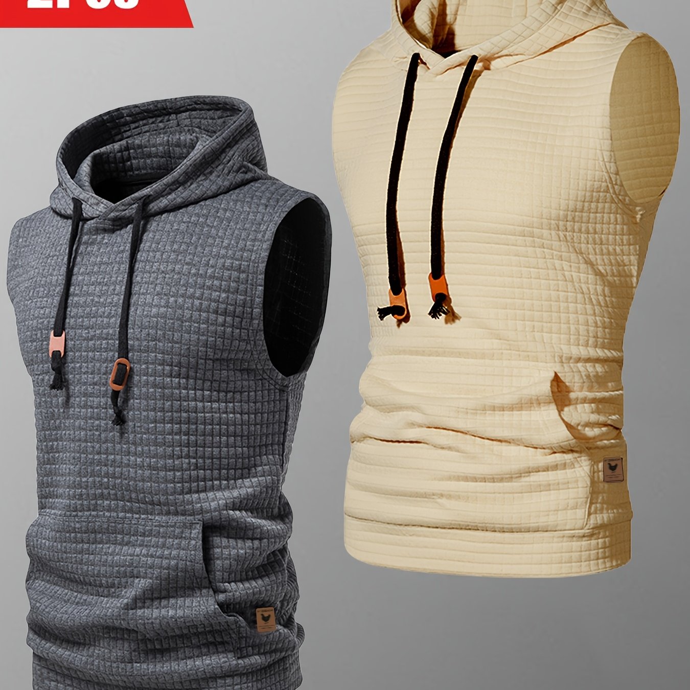 2pcs Casual Sleeveless Hooded Jacquard Tank Top