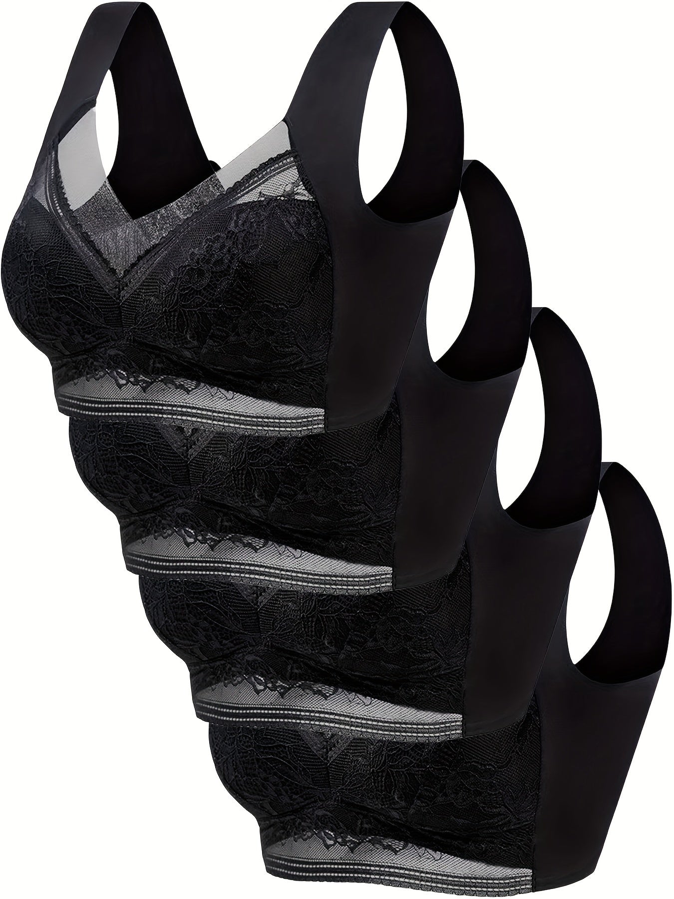 4pcs Simple Solid Contrast Lace Wireless Bra Set