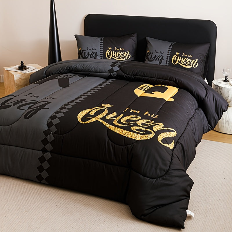 3pcs Super Soft Breathable Quilt Set – Black & Grey Color Blocking