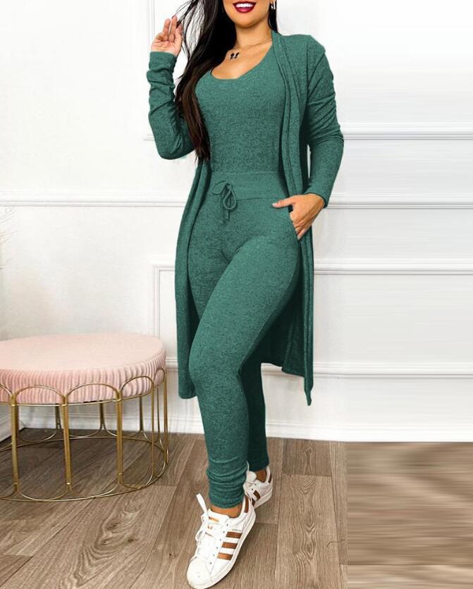 Women's Casual 2-Piece Set – High-Waist Jumpsuit with Drawstring Pockets & Matching Cardigan Cover