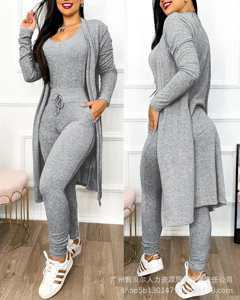 Women's Casual 2-Piece Set – High-Waist Jumpsuit with Drawstring Pockets & Matching Cardigan Cover
