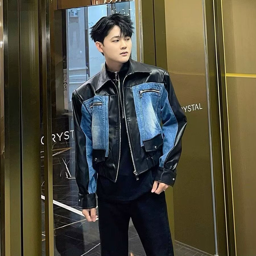High-Quality PU Leather & Denim Panel Jacket