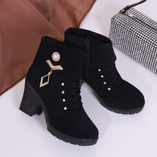 Plus Size Martin Boots Rhinestone High-Heeled Cotton Boot: