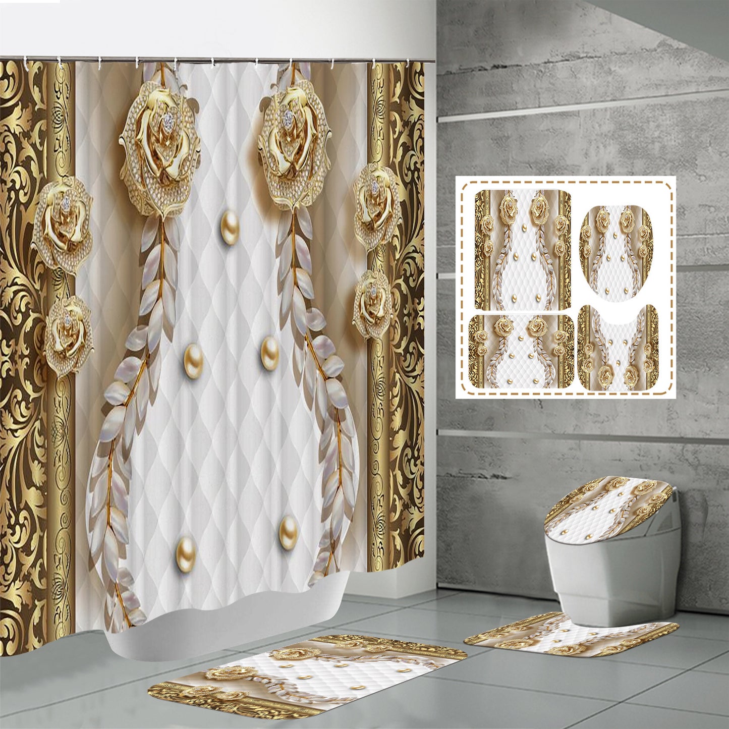 HD Digital Printing Waterproof Polyester Mildew-proof Shower Curtain Suit