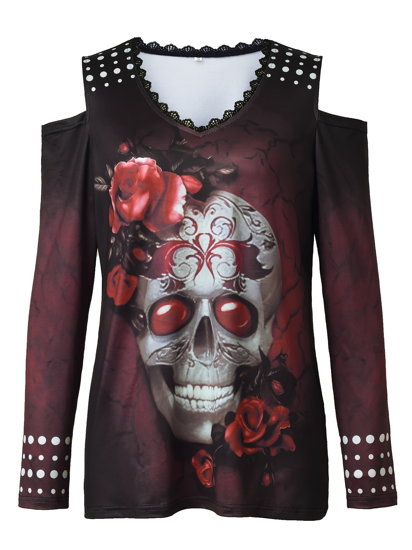 Vintage Skull Print Cold Shoulder T-Shirt – Women’s Long Sleeve Tee for Spring & Fall