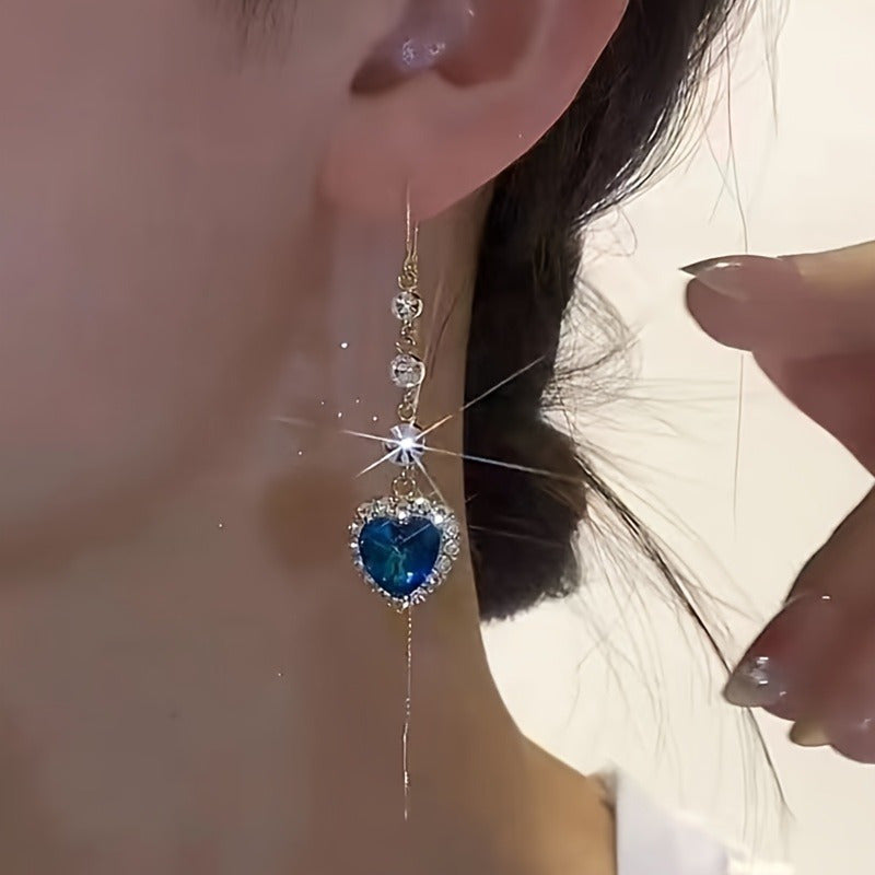 Sophisticated Alloy Blue Heart Tassel Earrings