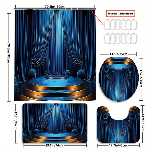 Set of 4 High-Quality 2D Blue Illusion Stage Pattern Shower Curtains with 12 Hooks