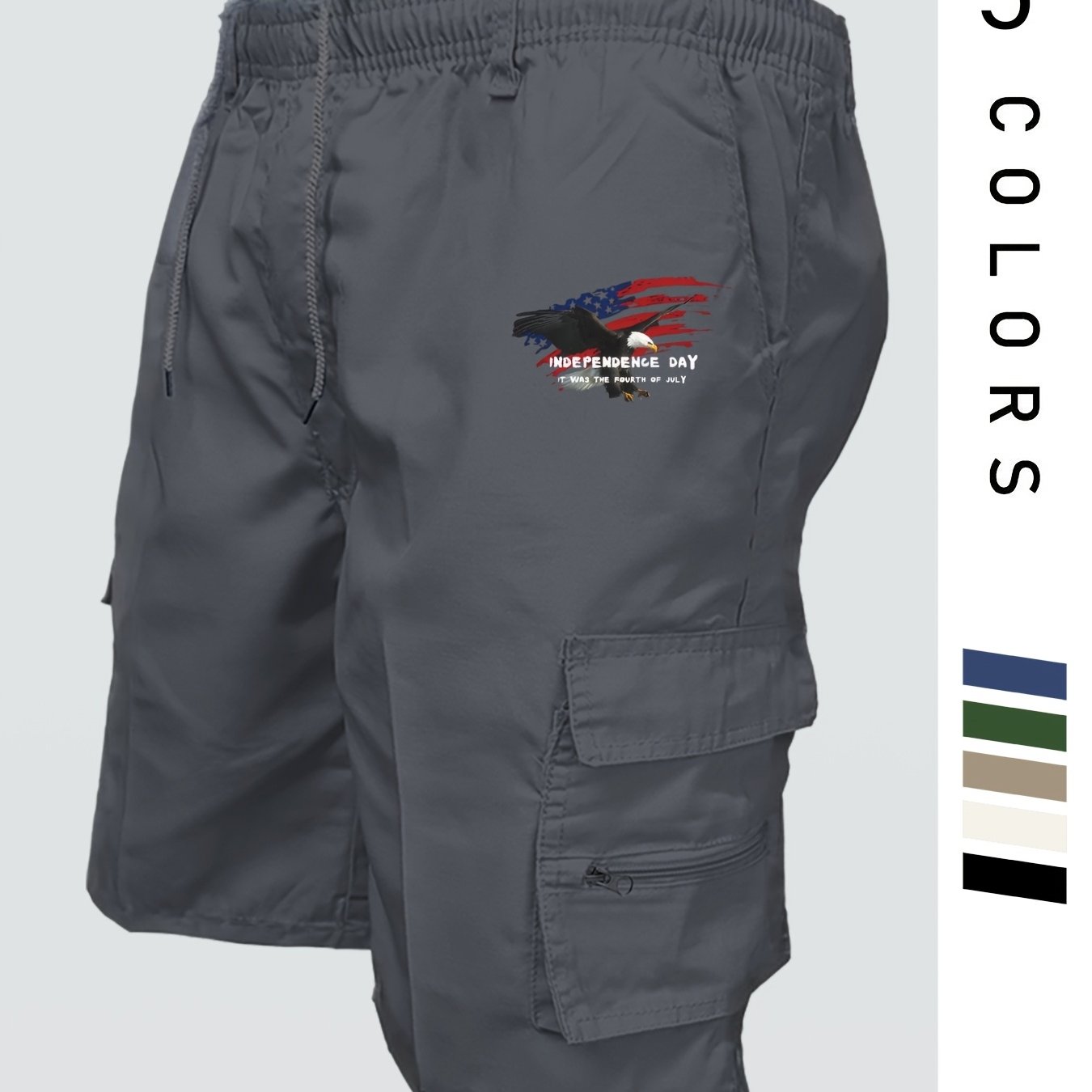 Eagle Print Loose Fit Elastic Cargo Shorts
