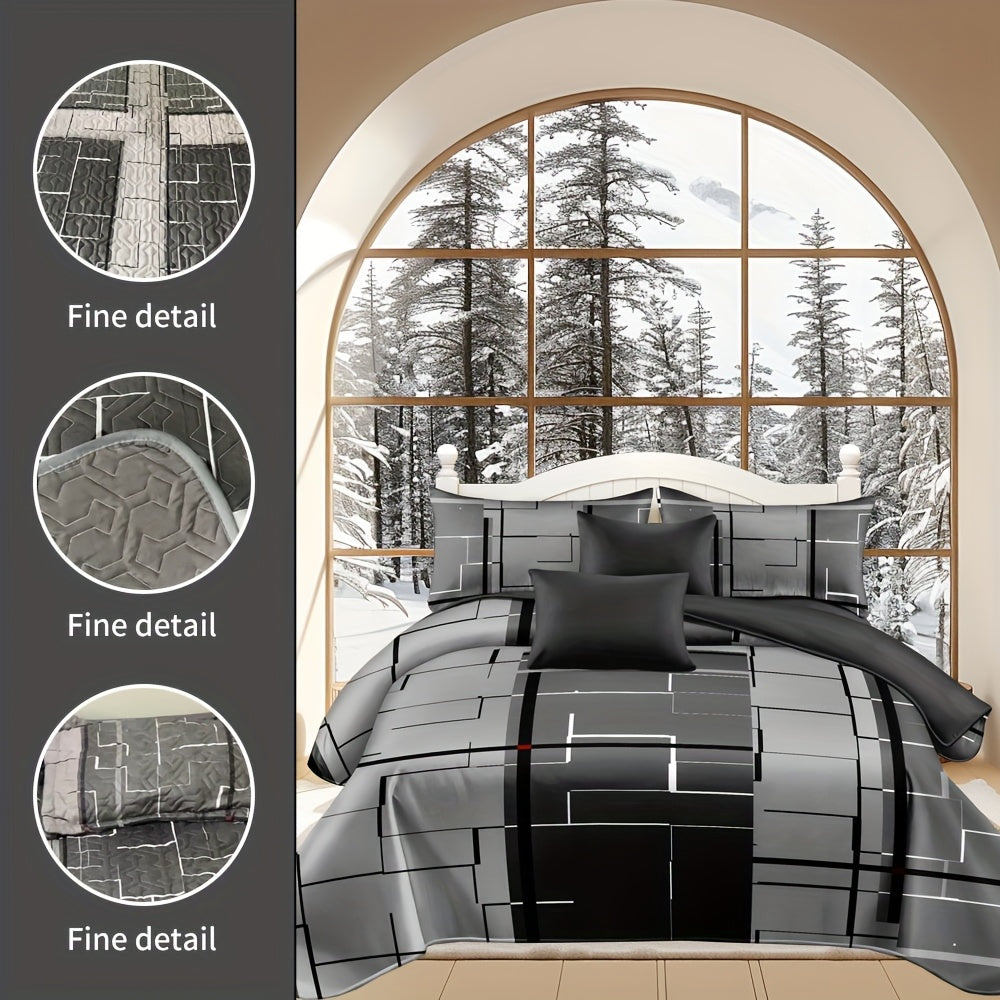 9-Piece Grey Bedding & Curtain Set – Includes Bed Cover, Pillowcases, Printed & Solid Curtains – Queen/King/Cal King Size