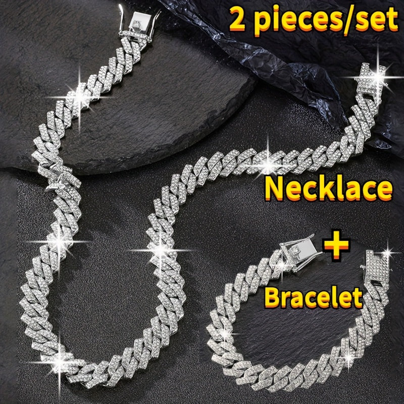 Punk Cuban Link Chain – 2-Piece Shiny Necklace & Bracelet Set