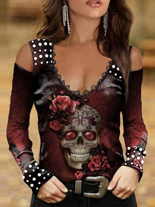 Vintage Skull Print Cold Shoulder T-Shirt – Women’s Long Sleeve Tee for Spring & Fall